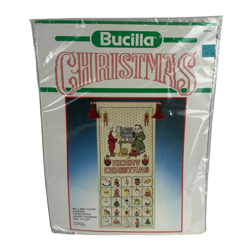 NEW Vintage 1980s Bucilla‎ Mr & Mrs Claus Cross Stitch Advent Calendar Kit 82564